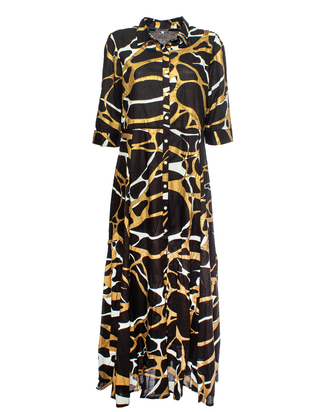 ABITO LUNGO BICOLOR LAMINA PRINT+ RICAMI 5TG 100%COTONE MADE IN INDIA